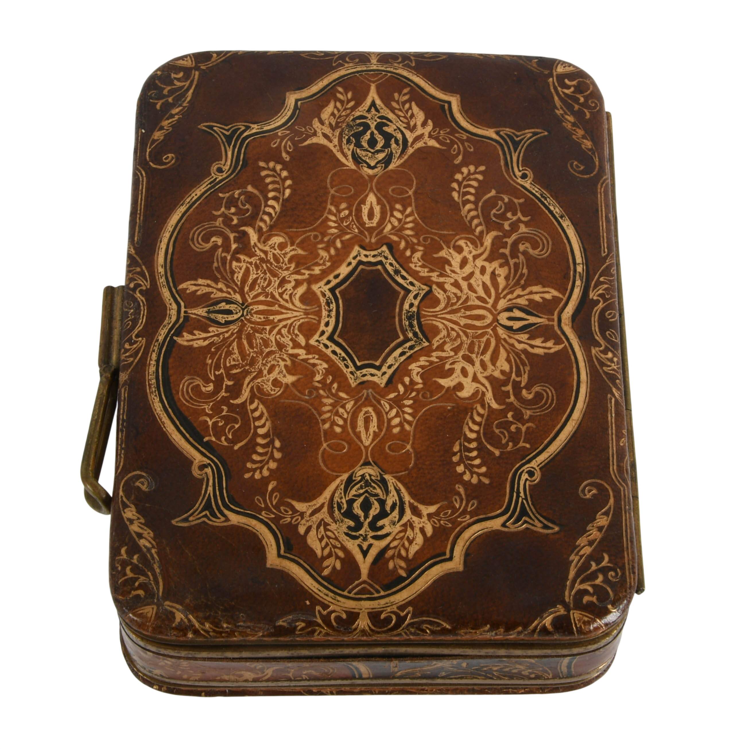 Antique Rough Compact Antique Hand Tooled Compact Book Style Rouge and Loose Powder Box ...