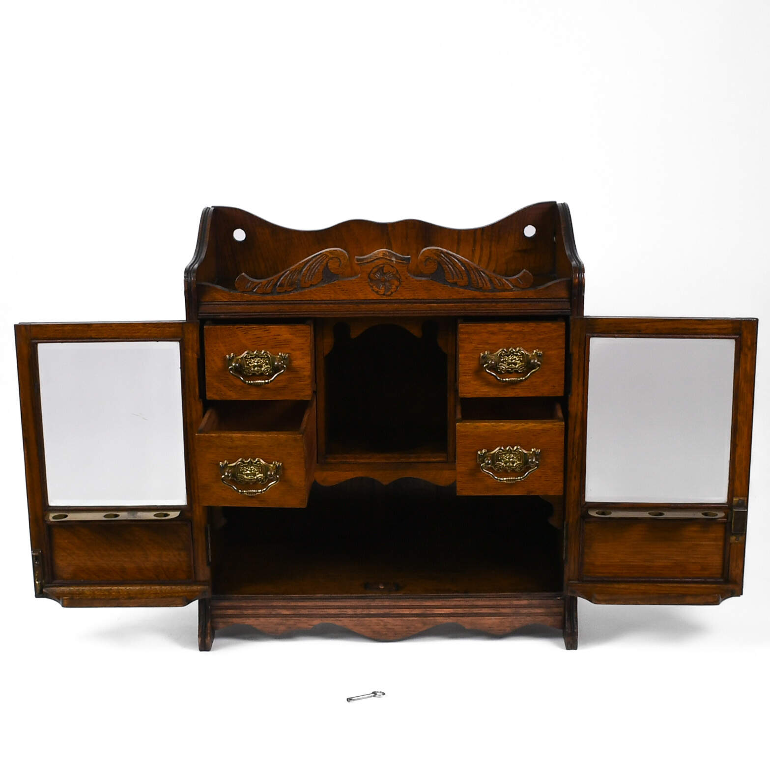 Antique Edwardian Oak Smoking Cabinet Humidor with Key-6