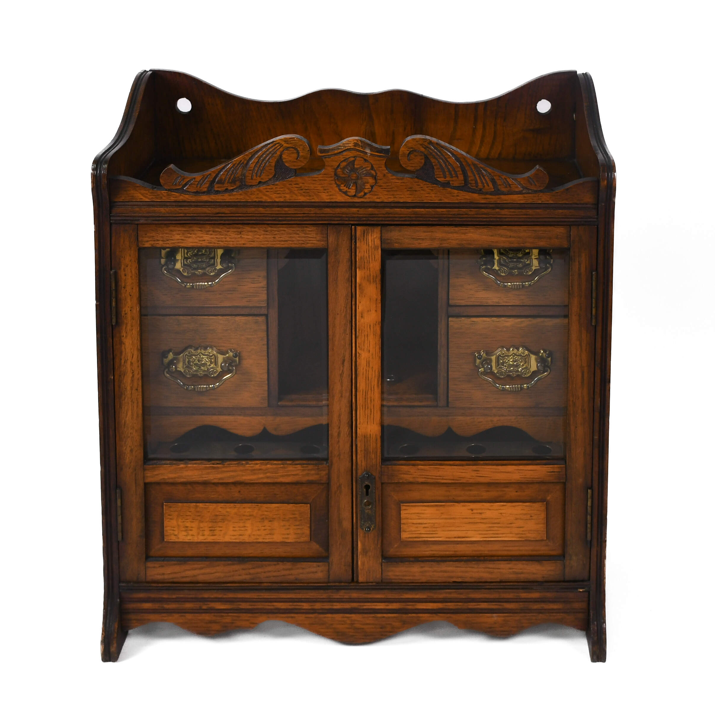 Antique Edwardian Oak Smoking Cabinet Humidor with Key-1