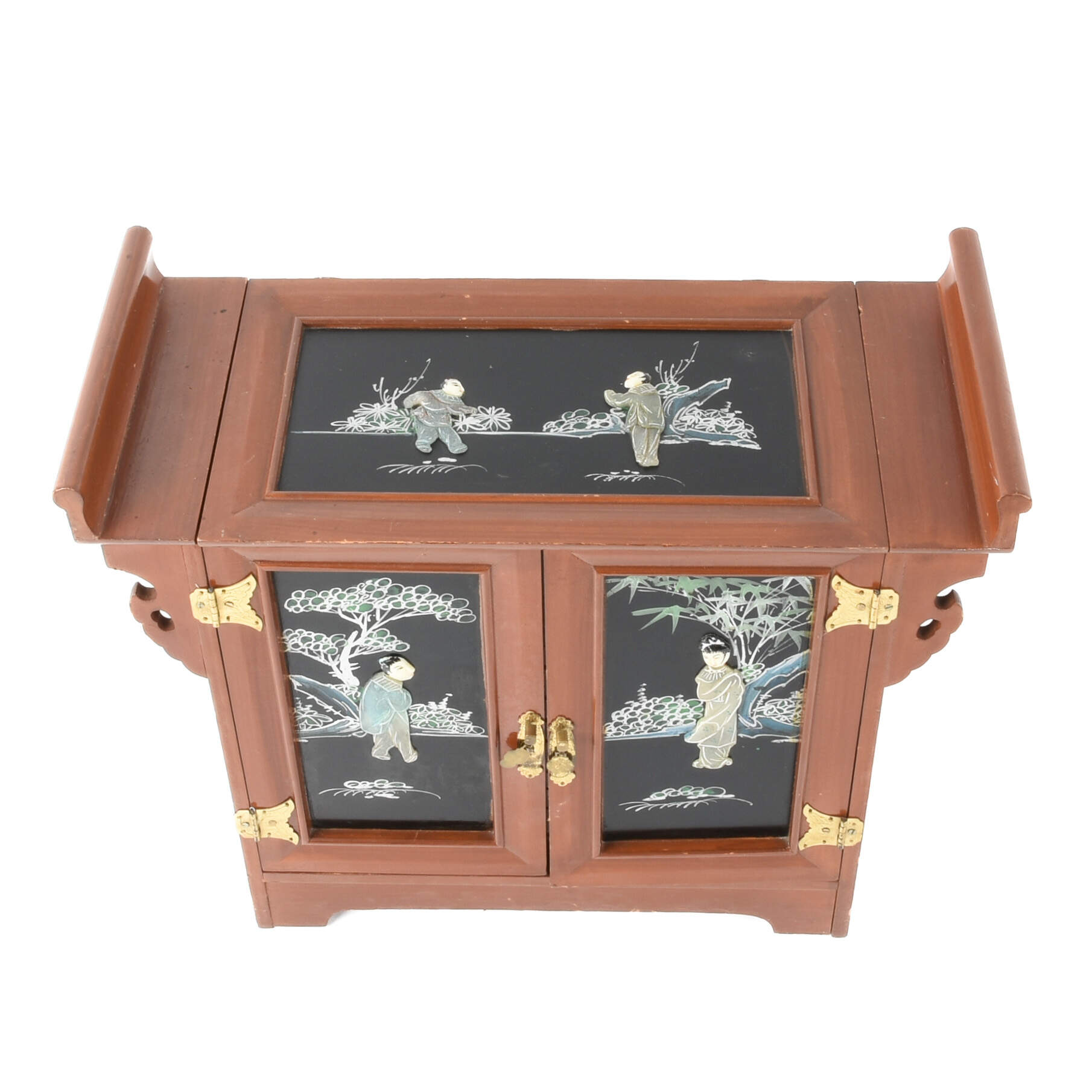 Asian Wooden Jewelry Box with Celluloid Figures-6