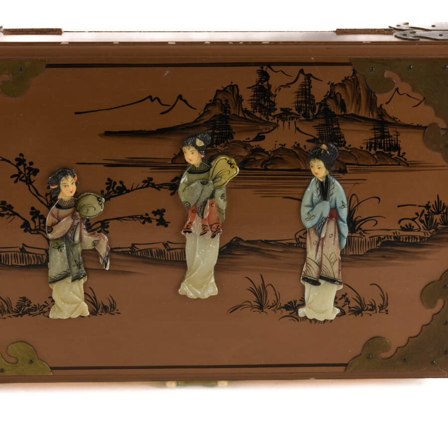 Gold Chinese Wood and Brass Scene Jewelry Box-10