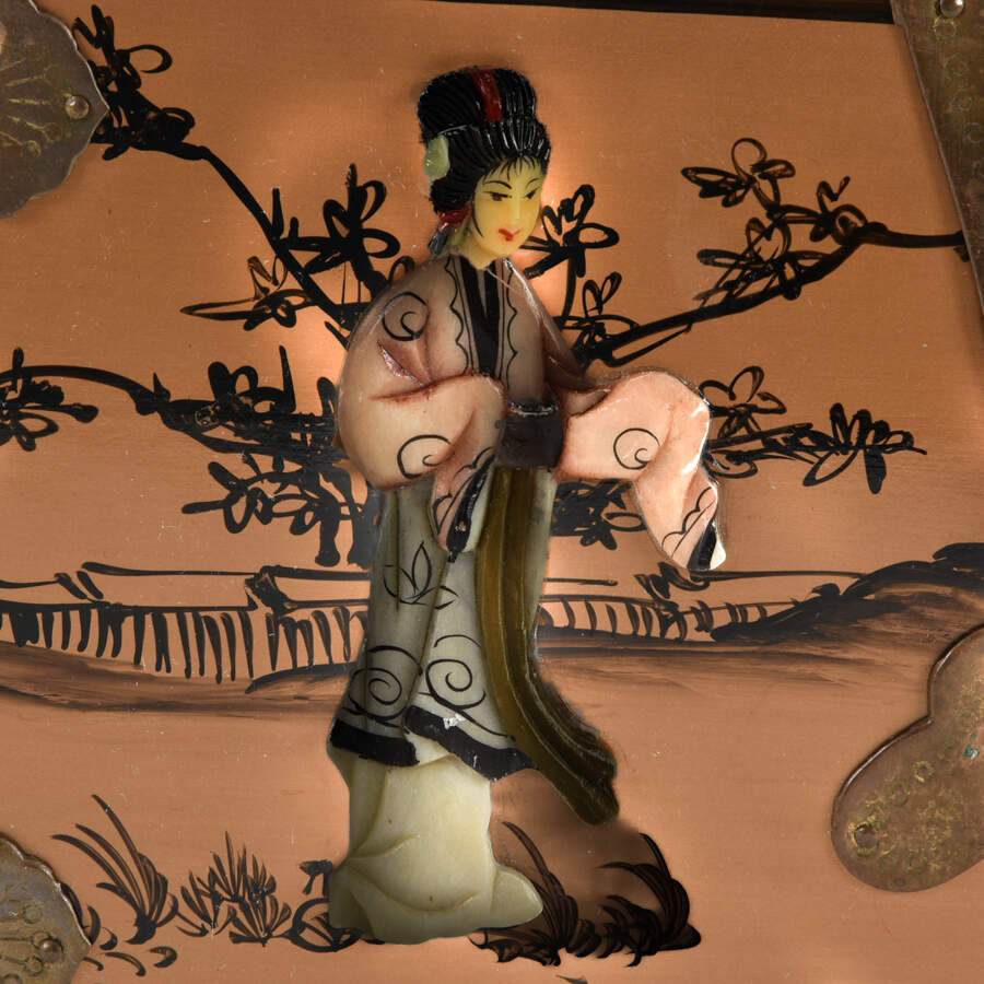 Gold Chinese Wood and Brass Scene Jewelry Box-9