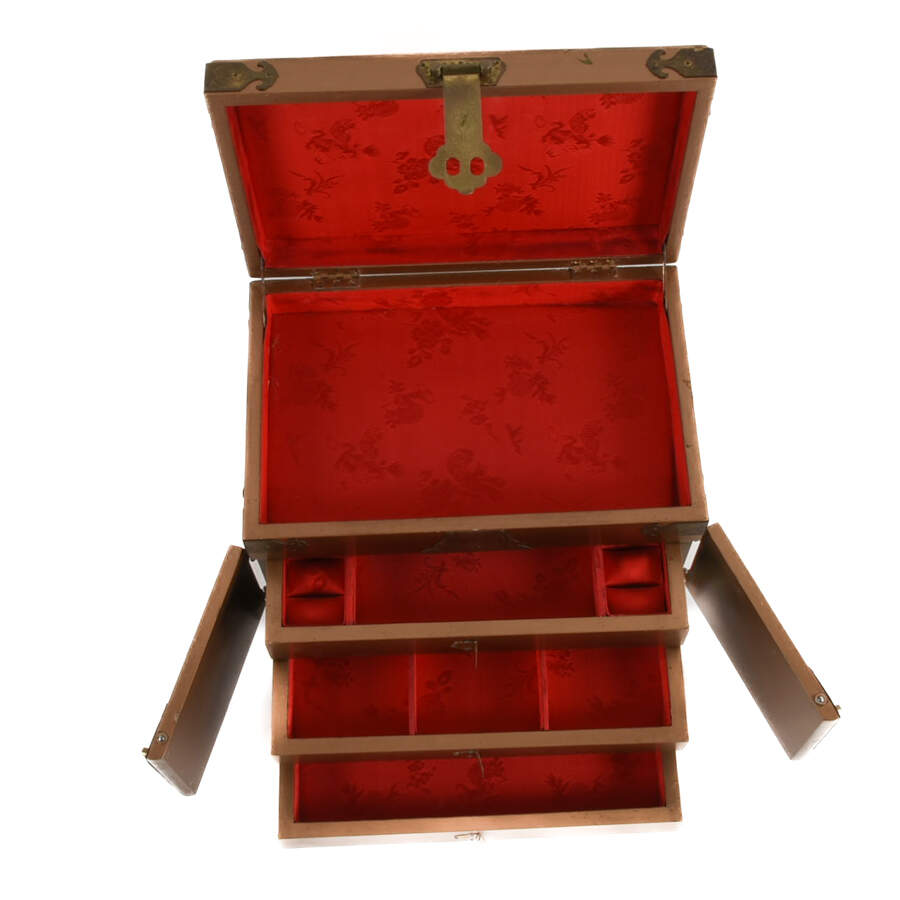 Gold Chinese Wood and Brass Scene Jewelry Box-8