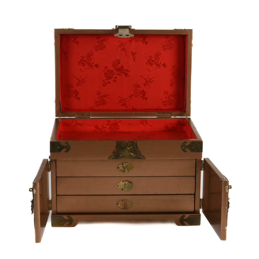 Gold Chinese Wood and Brass Scene Jewelry Box-6