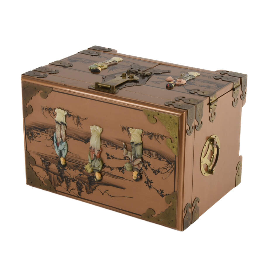 Gold Chinese Wood and Brass Scene Jewelry Box-5