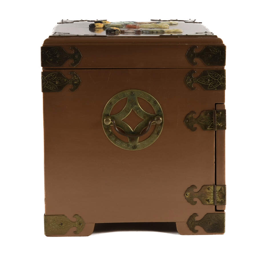 Gold Chinese Wood and Brass Scene Jewelry Box-4
