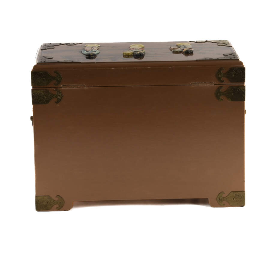 Gold Chinese Wood and Brass Scene Jewelry Box-3