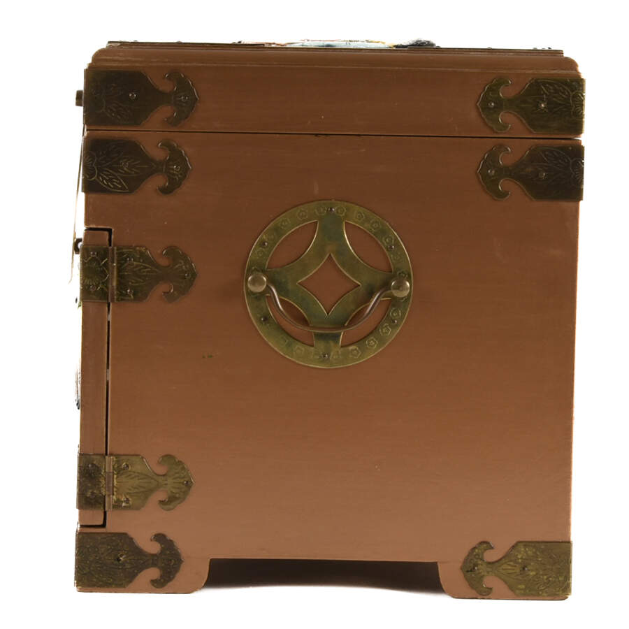 Gold Chinese Wood and Brass Scene Jewelry Box-2