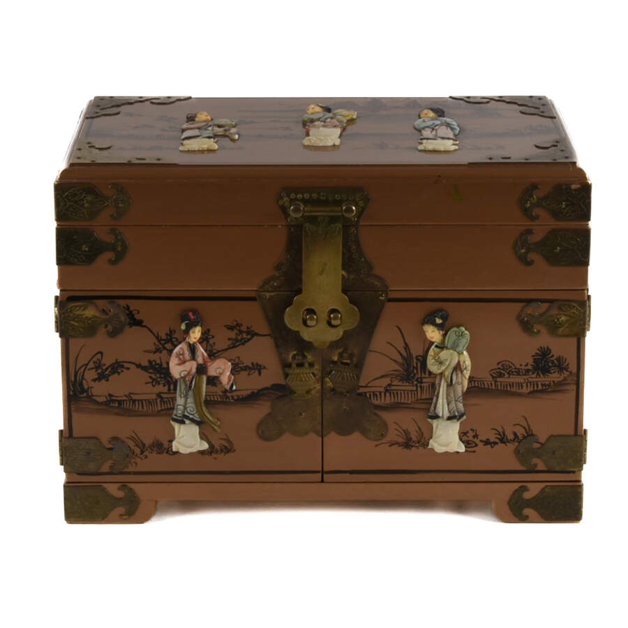Gold Chinese Wood and Brass Scene Jewelry Box-1