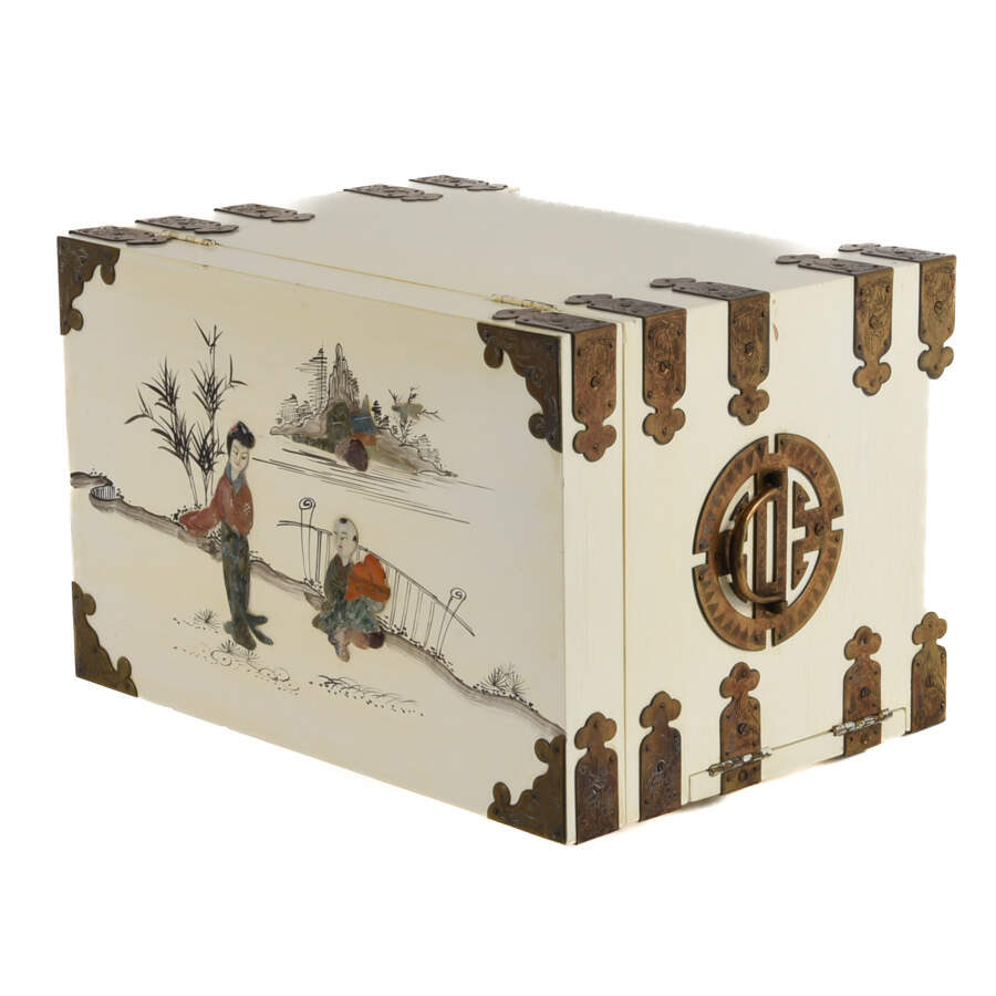 Chinese Cream Wood and Brass Jewelry Box with Lock and Key-14