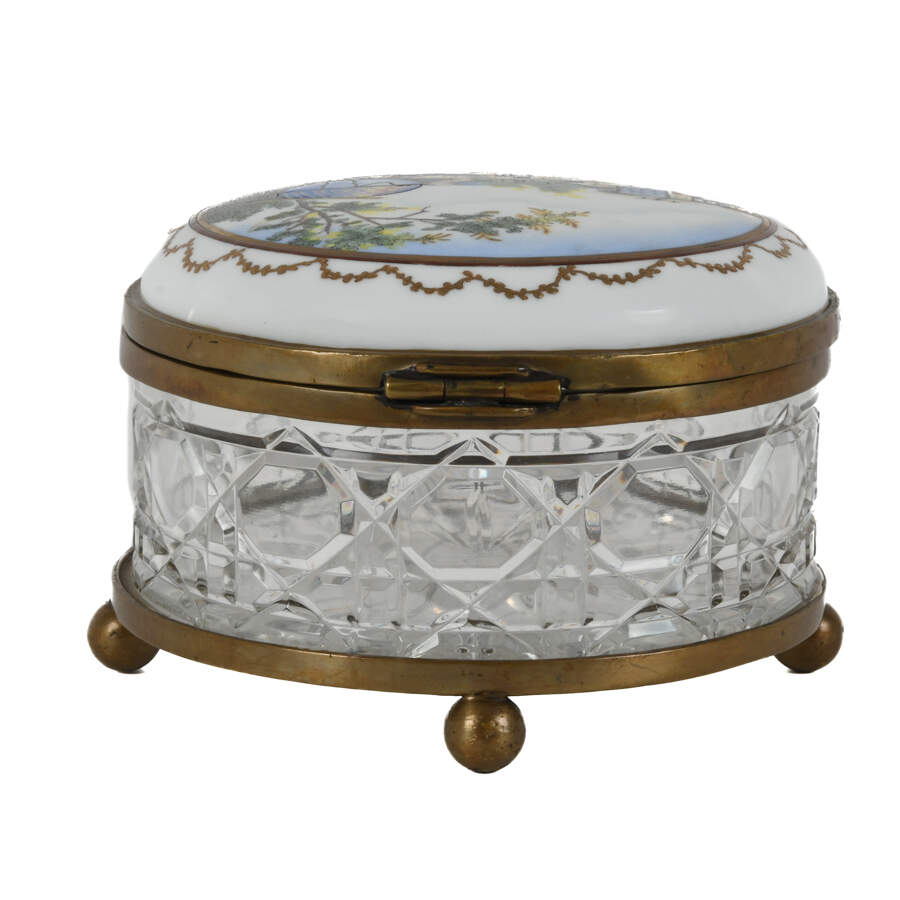 Antique Hand-Painted Hot Air Balloon Cut Glass Biscuit Jar-2