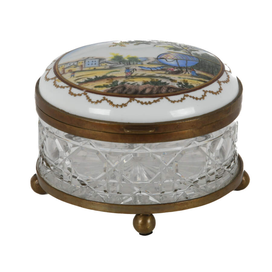 Antique Hand-Painted Hot Air Balloon Cut Glass Biscuit Jar-1
