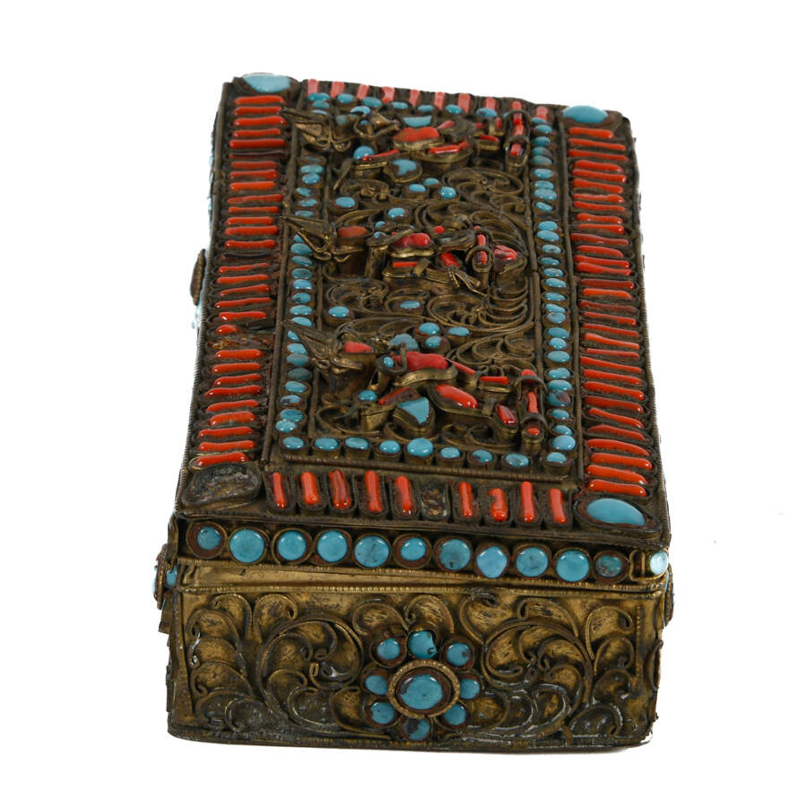 Antique Chinese Tibetan Figure Coral and Turquoise Trinket Box-4