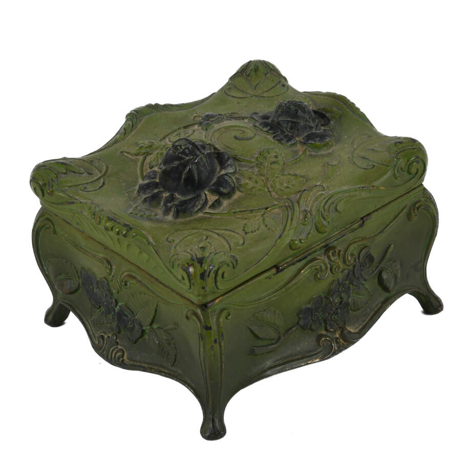 Antique Green Cast Metal Flower Form Jewelry Casket-4
