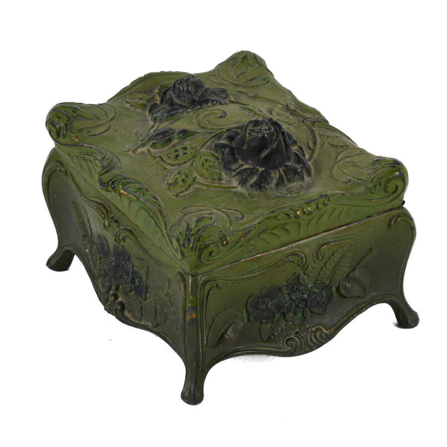 Antique Green Cast Metal Flower Form Jewelry Casket-3