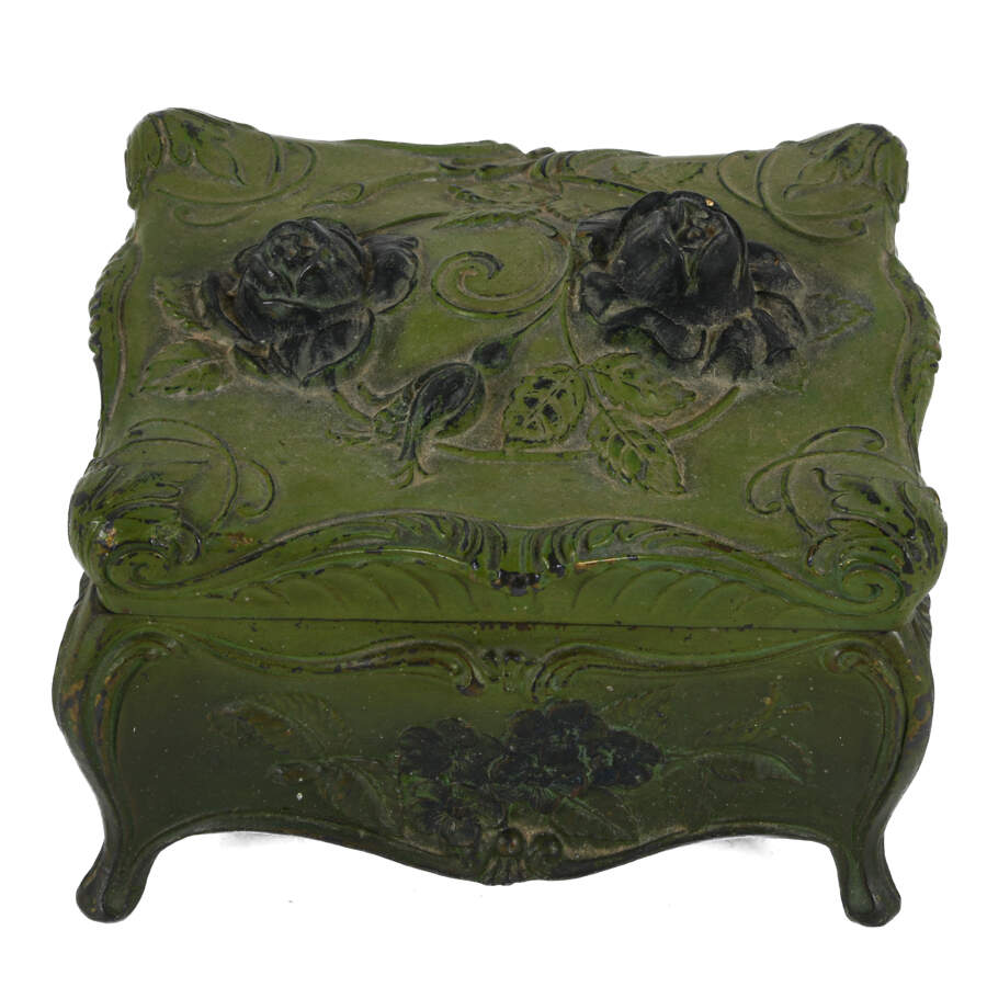 Antique Green Cast Metal Flower Form Jewelry Casket-2