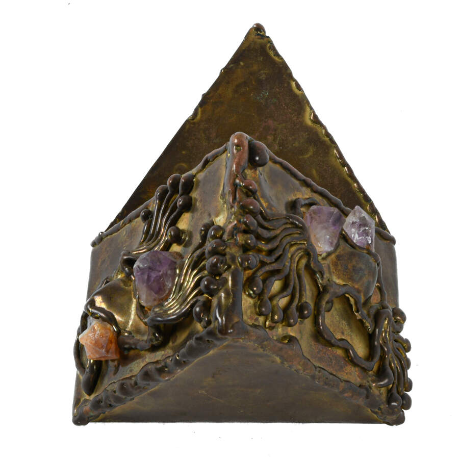 Signed Brutalist Brass and Gemstone Inlaid Trinket Box-6
