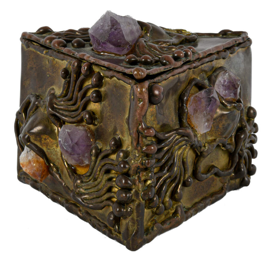 Signed Brutalist Brass and Gemstone Inlaid Trinket Box-5