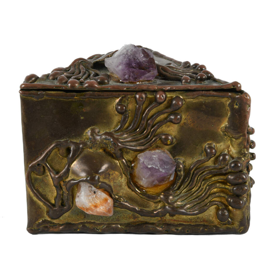 Signed Brutalist Brass and Gemstone Inlaid Trinket Box-3