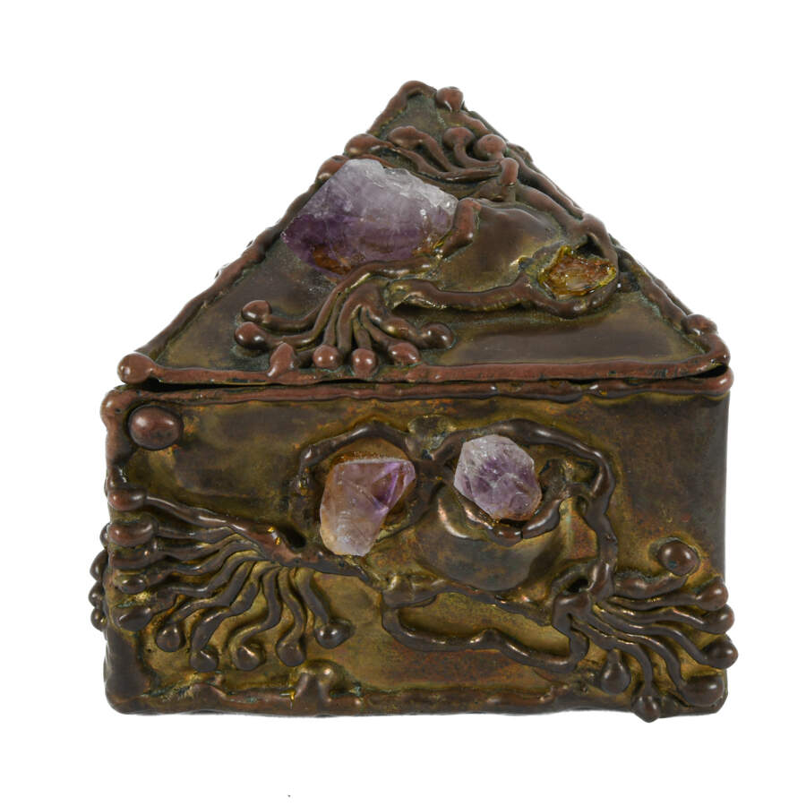 Signed Brutalist Brass and Gemstone Inlaid Trinket Box-2