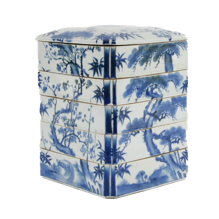 Antique Japanese Blue and White Five-Tiered Stacked Rectangular Lunch Box-3