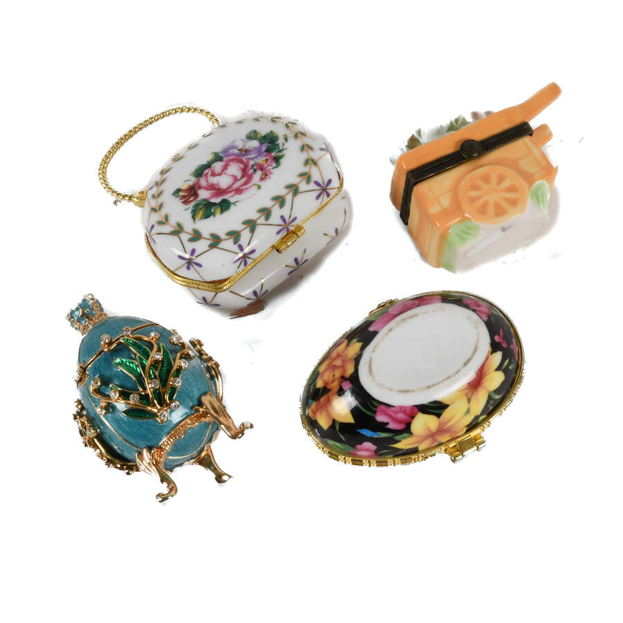 Group of 4 Figural Hinged Dresser Boxes, 2 Eggs, Purse, Wheelbarrow-6