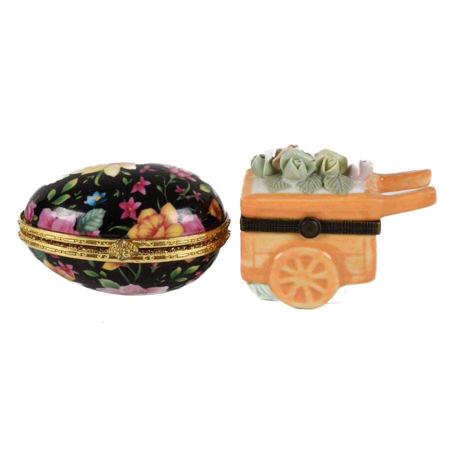 Group of 4 Figural Hinged Dresser Boxes, 2 Eggs, Purse, Wheelbarrow-5