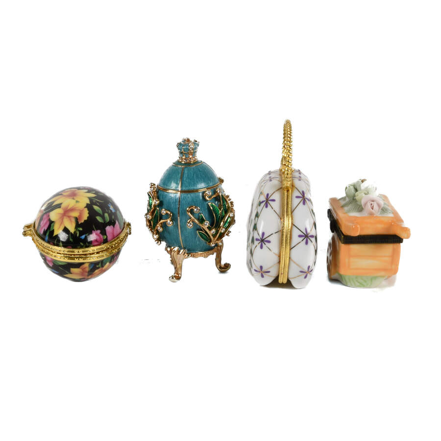 Group of 4 Figural Hinged Dresser Boxes, 2 Eggs, Purse, Wheelbarrow-2
