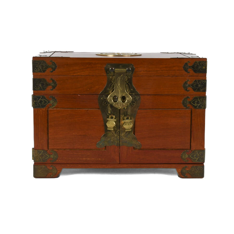 Red Chinese Wood and Brass Jewelry Box-1