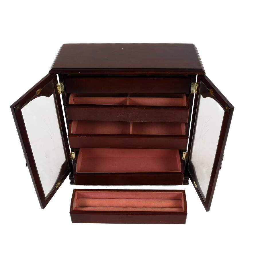 Mahogany Glass Front Footed Jewelry Cabinet-6