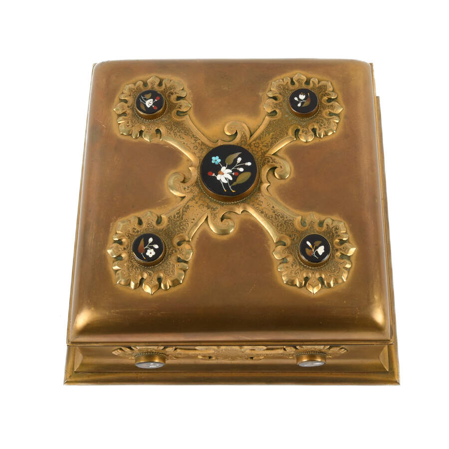 Antique Gilded Bronze Sewing Box with Pietra Dura Inset Stones-8