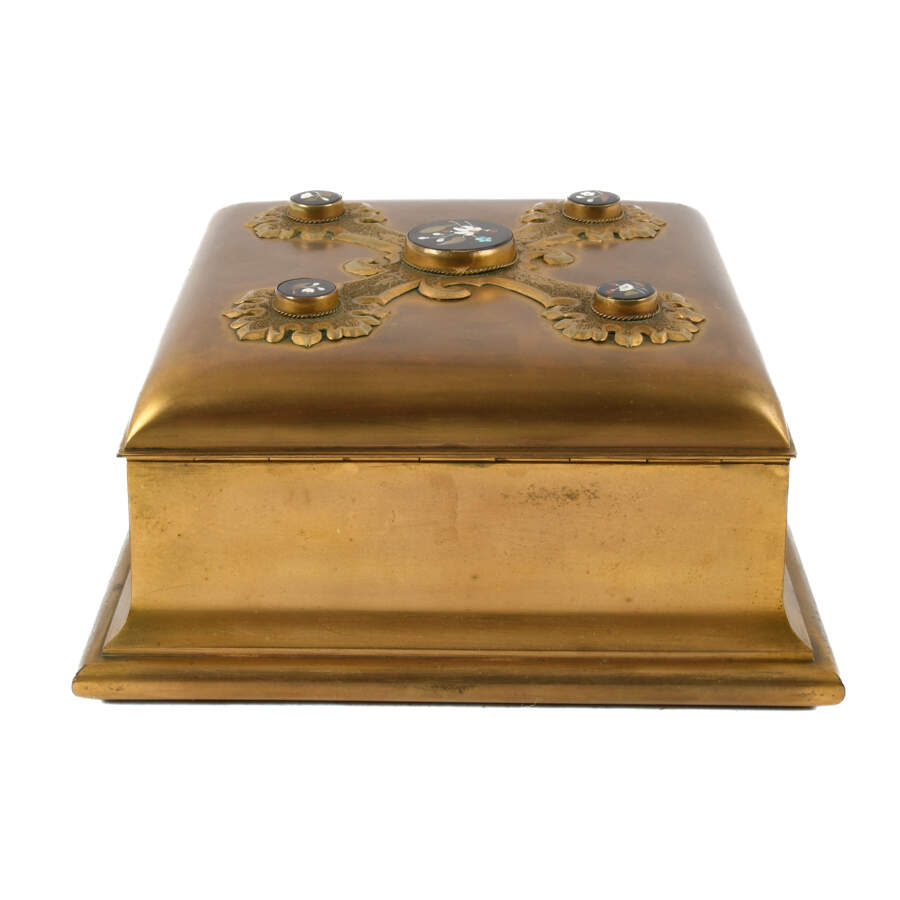 Antique Gilded Bronze Sewing Box with Pietra Dura Inset Stones-3