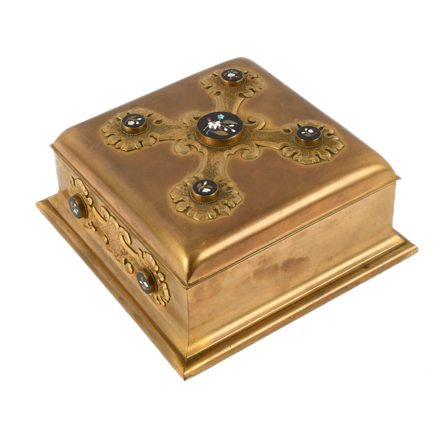 Antique Gilded Bronze Sewing Box with Pietra Dura Inset Stones-2