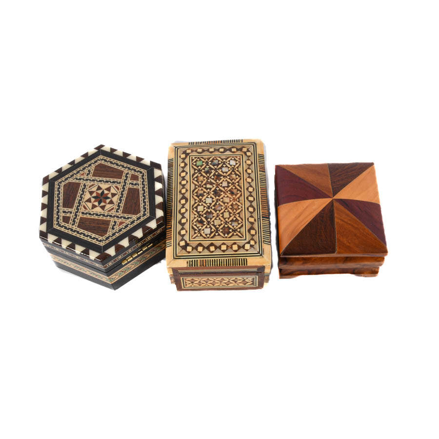 Group of Three Marquetry and Inlaid Trinket Boxes-3