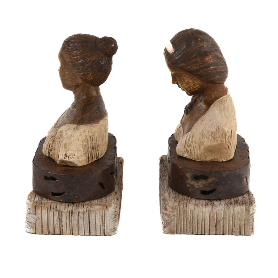 Pair of Detailed Figurines of Woman on Metal and Wood Base-2
