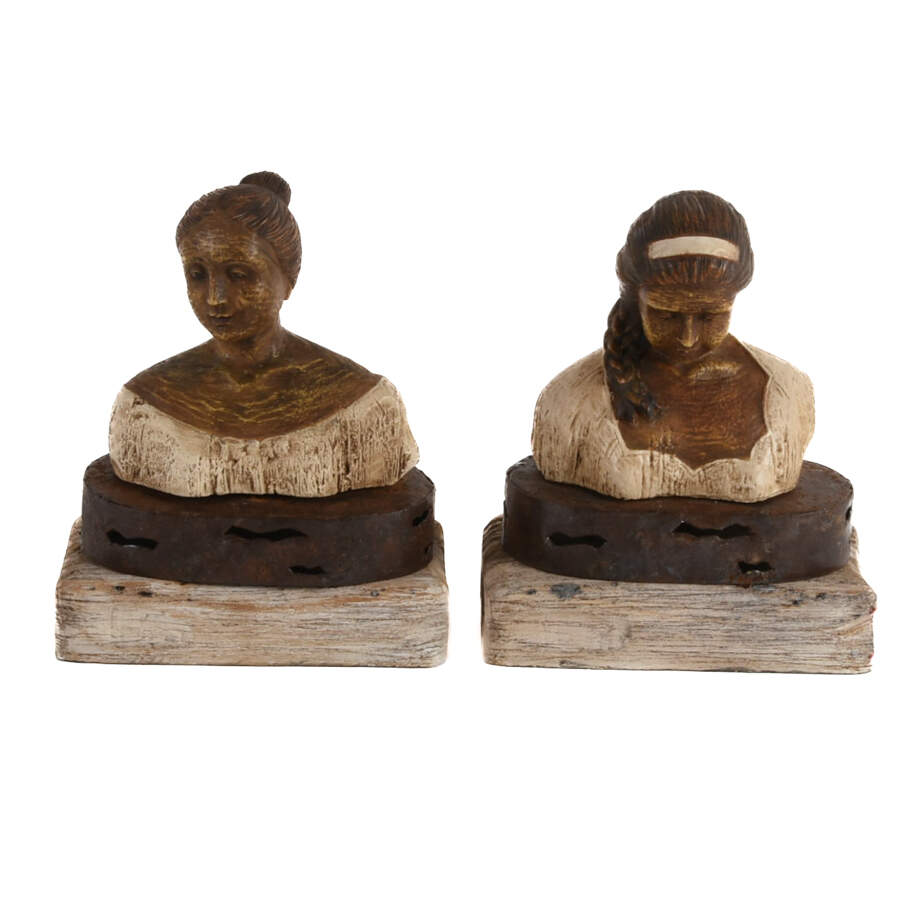 Pair of Detailed Figurines of Woman on Metal and Wood Base-1