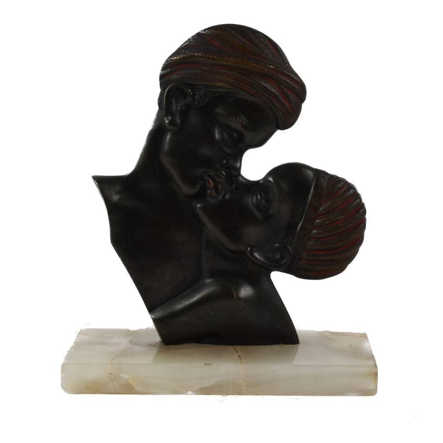 Bronze African Couple Bust on a Marble Base-1