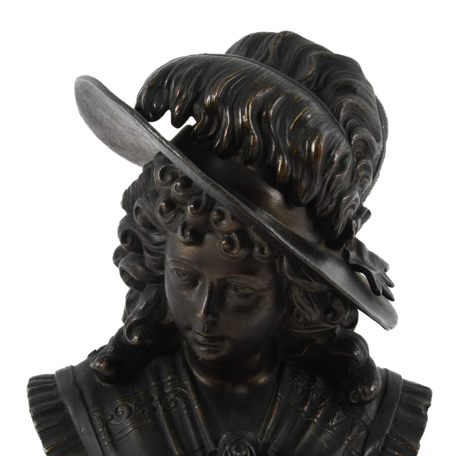 Victorian Bust of a Woman in a Feathered Hat Cast in Metal-2