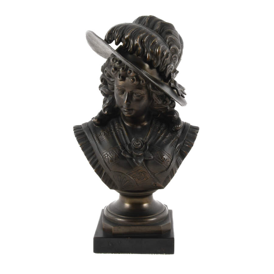 Victorian Bust of a Woman in a Feathered Hat Cast in Metal-1