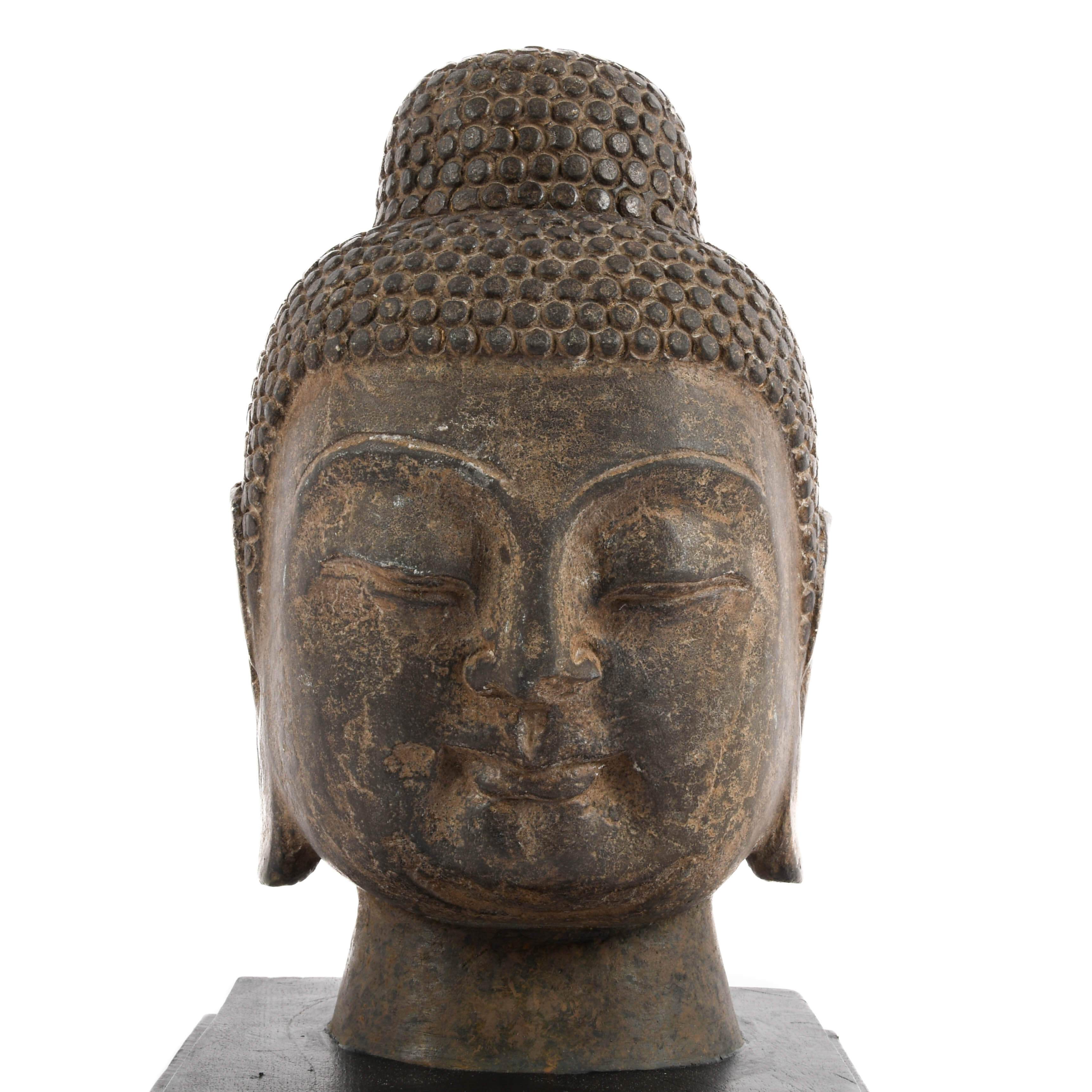 Carved Stone Buddha Head with Base-2
