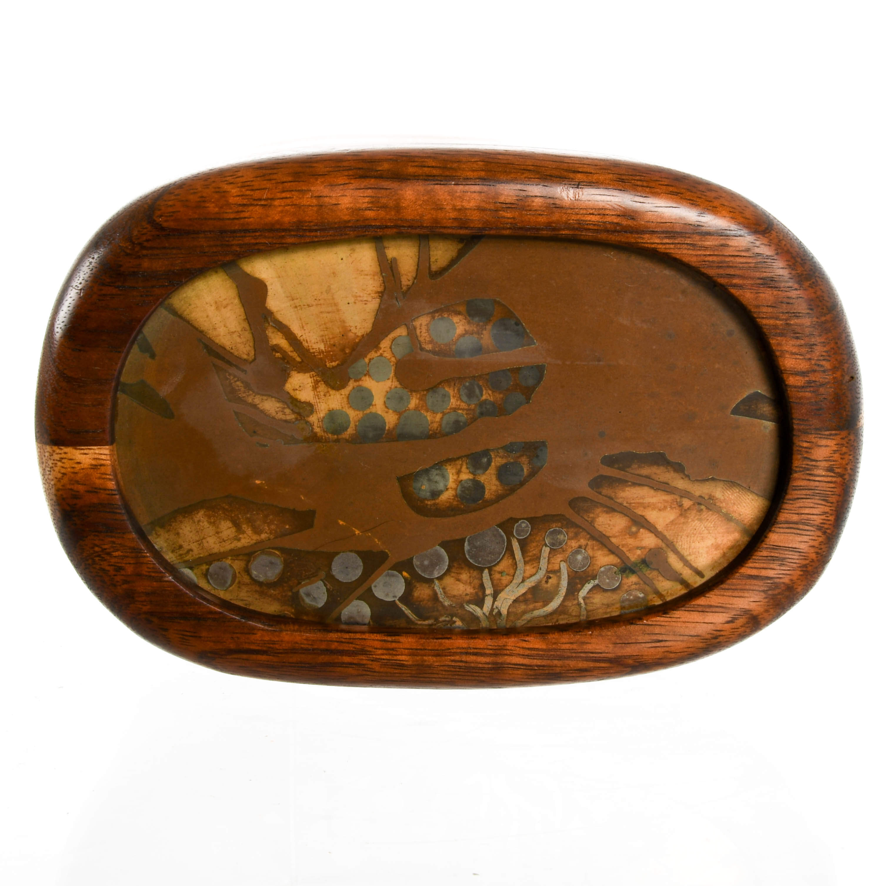 Mid-Century Lee Barnes Peck Wood Box with Inlaid Copper Swivel Lid-6