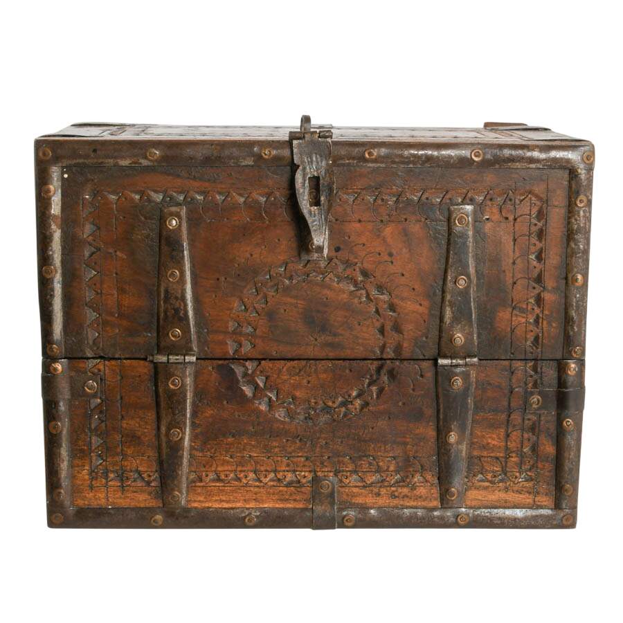 Antique Indian Hand-Carved Wood Merchant's Box-7