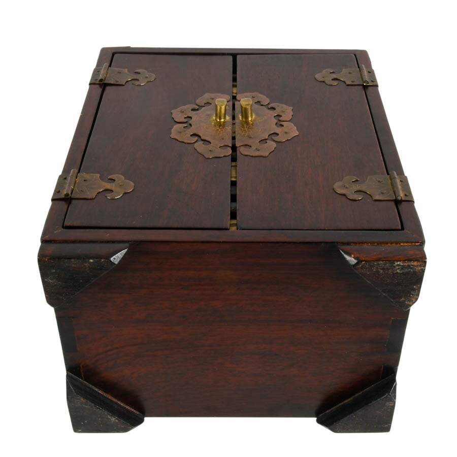 Vintage Chinese Huanghuali Wood and Brass Jewelry Box with Lock-8