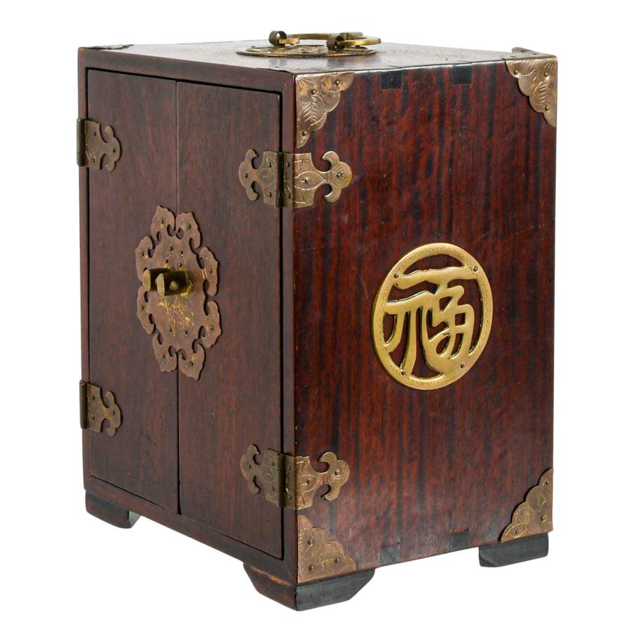 Vintage Chinese Huanghuali Wood and Brass Jewelry Box with Lock-4