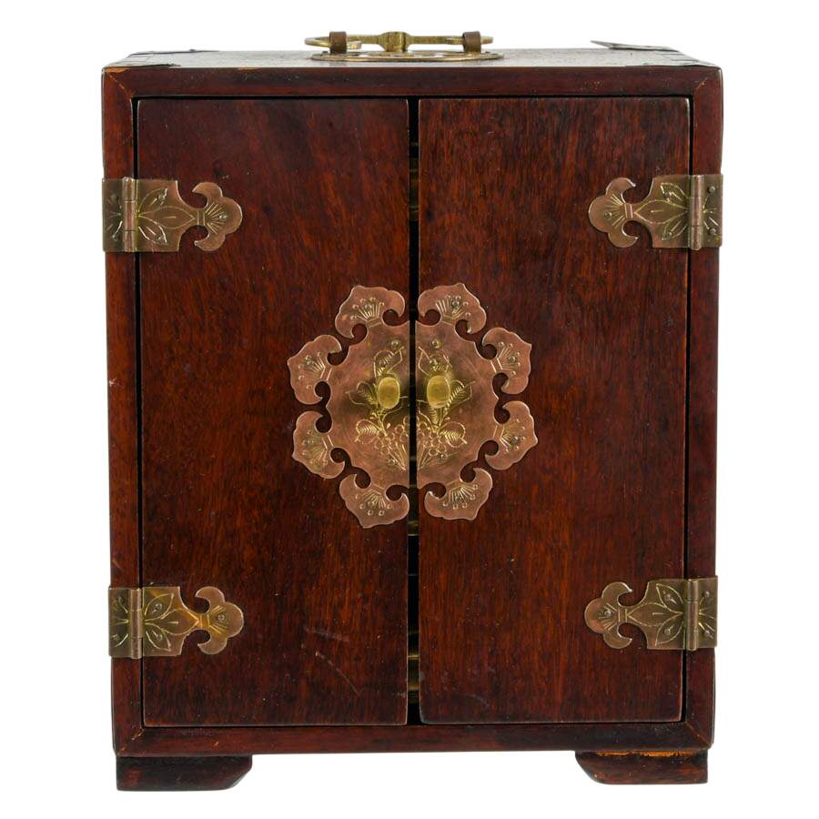 Vintage Chinese Huanghuali Wood and Brass Jewelry Box with Lock-3