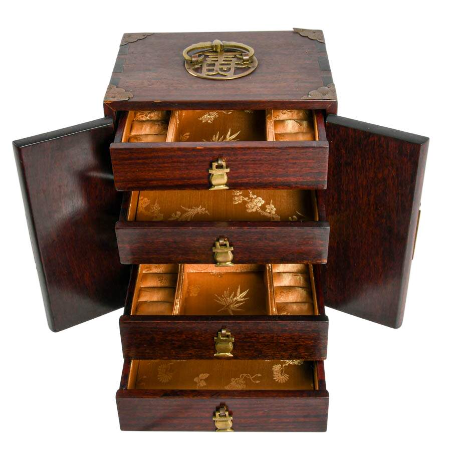 Vintage Chinese Huanghuali Wood and Brass Jewelry Box with Lock-2