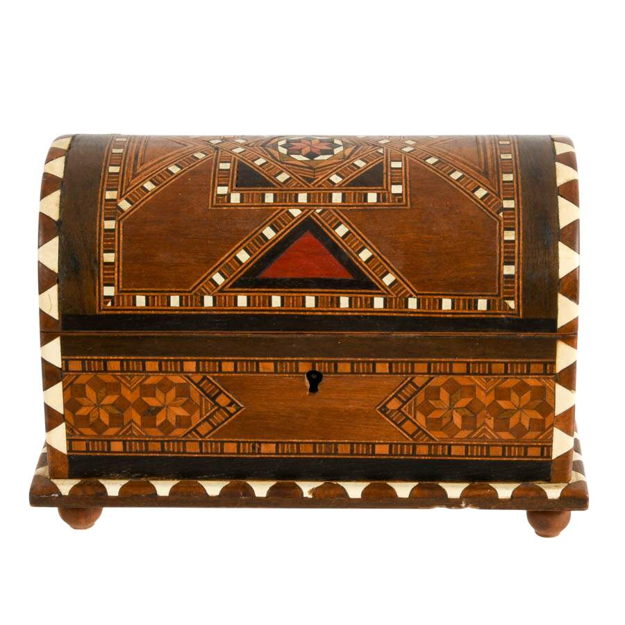 Spanish Arched Top Marquetry Inlaid Jewelry Box with Key-5