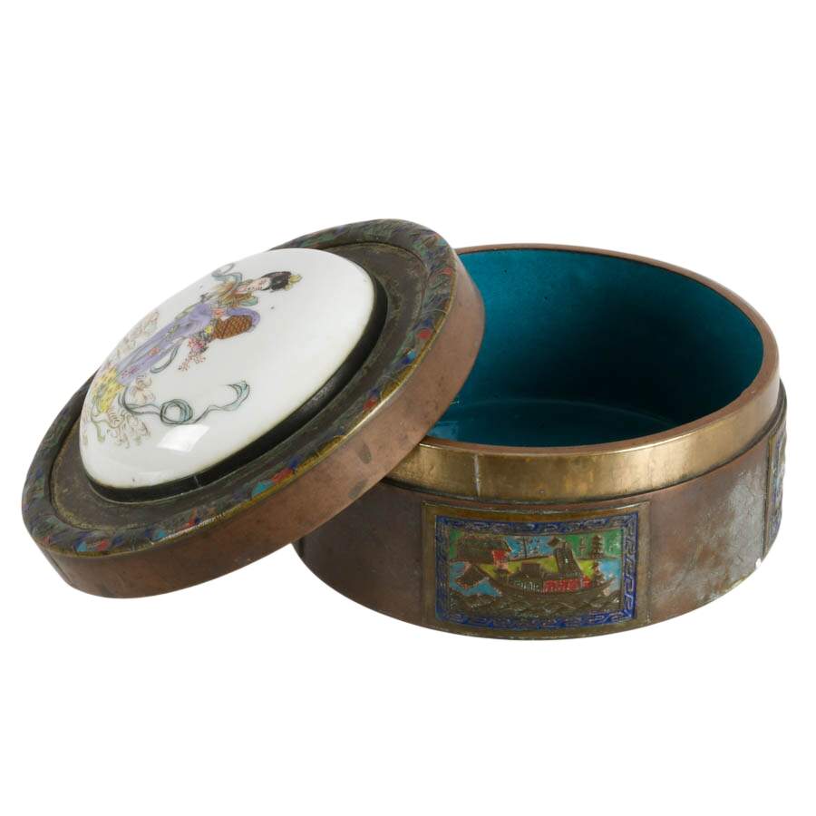 Chinese Enameled Brass Trinket Box with Painted Porcelain Lid-5