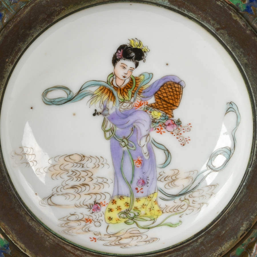 Chinese Enameled Brass Trinket Box with Painted Porcelain Lid-4