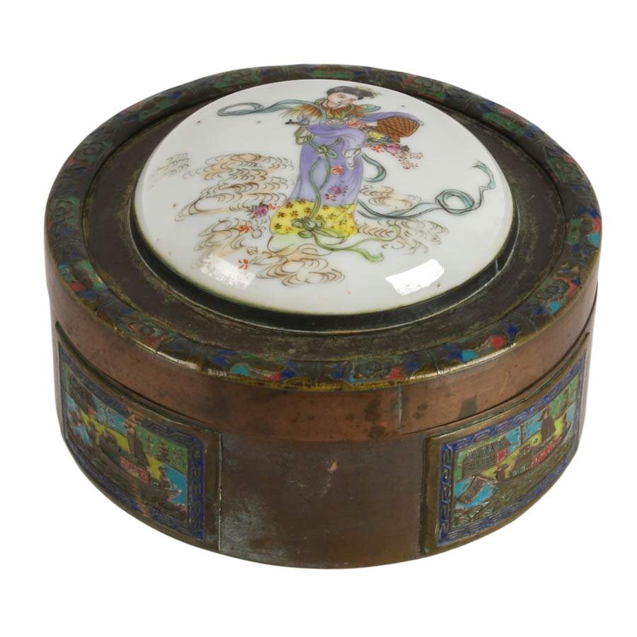 Chinese Enameled Brass Trinket Box with Painted Porcelain Lid-1